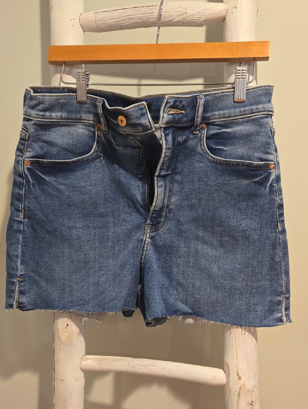 Express Blue Denim Cutoff Mom Jean Shorts with Raw Hem Super Highrise Size 10